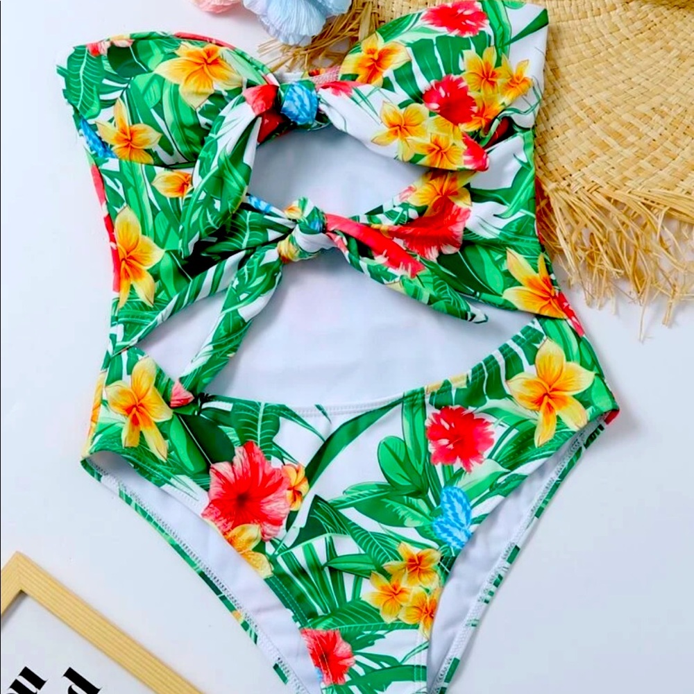 Tropical 1 piece swimsuit cut out tie front